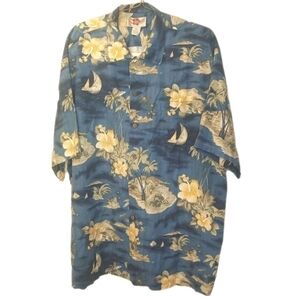Hillo Hattie Silk Hawaiian Shirt Men Sz 2X Blue Tropical Floral Magnum PI Button